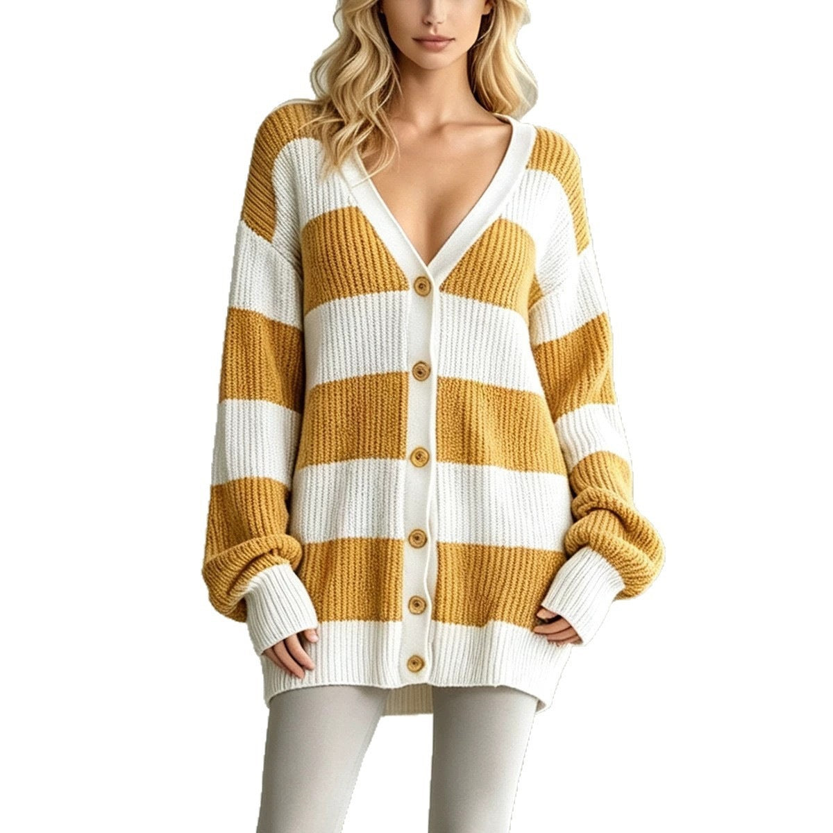 Cardigan-cappotto da donna a righe in maglia - Morbido e confortevole
