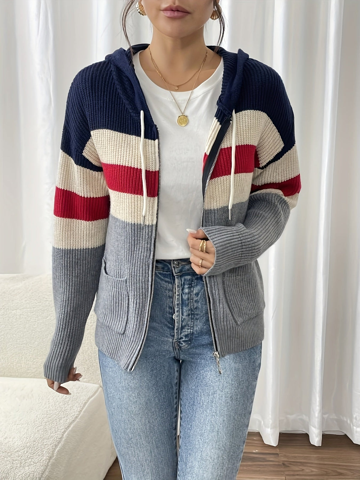 Women's zip-up color-block hooded cardigan - Comfortable and modern