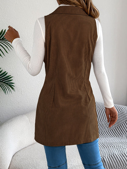 Veste-gilet longue en velours côtelé unie pour femme – Modèle décontracté à double boutonnage et poches, idéal pour jouer les superpositions