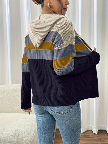 Women's zip-up color-block hooded cardigan - Comfortable and modern