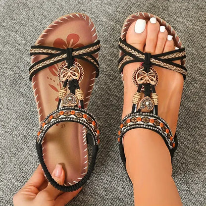 Sandales Élégantes Femme à Strass – Style Bohème Perlé et Brodé