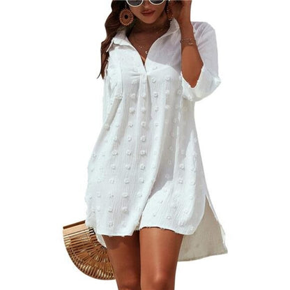 Solid Color Women's Beach Dress – Sun Protection Style with Three-Quarter Sleeves