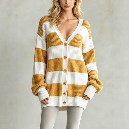 Cardigan-cappotto da donna a righe in maglia - Morbido e confortevole