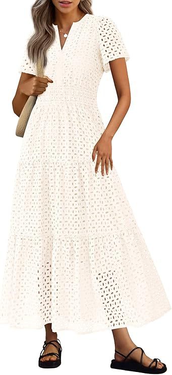 Robe Longue Fluide de Vacances à la Plage pour Femme – Style Col en V à Manches Courtes Eyelet