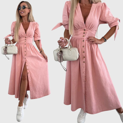 Robe Maxi Denim Élégante Col V – Robe A-Line Boutonnée Stylée