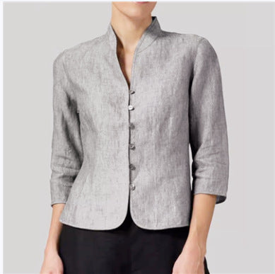 Blouse Ajustée Élégante à Boutons Femme – Col Montant en V avec Manches 3/4