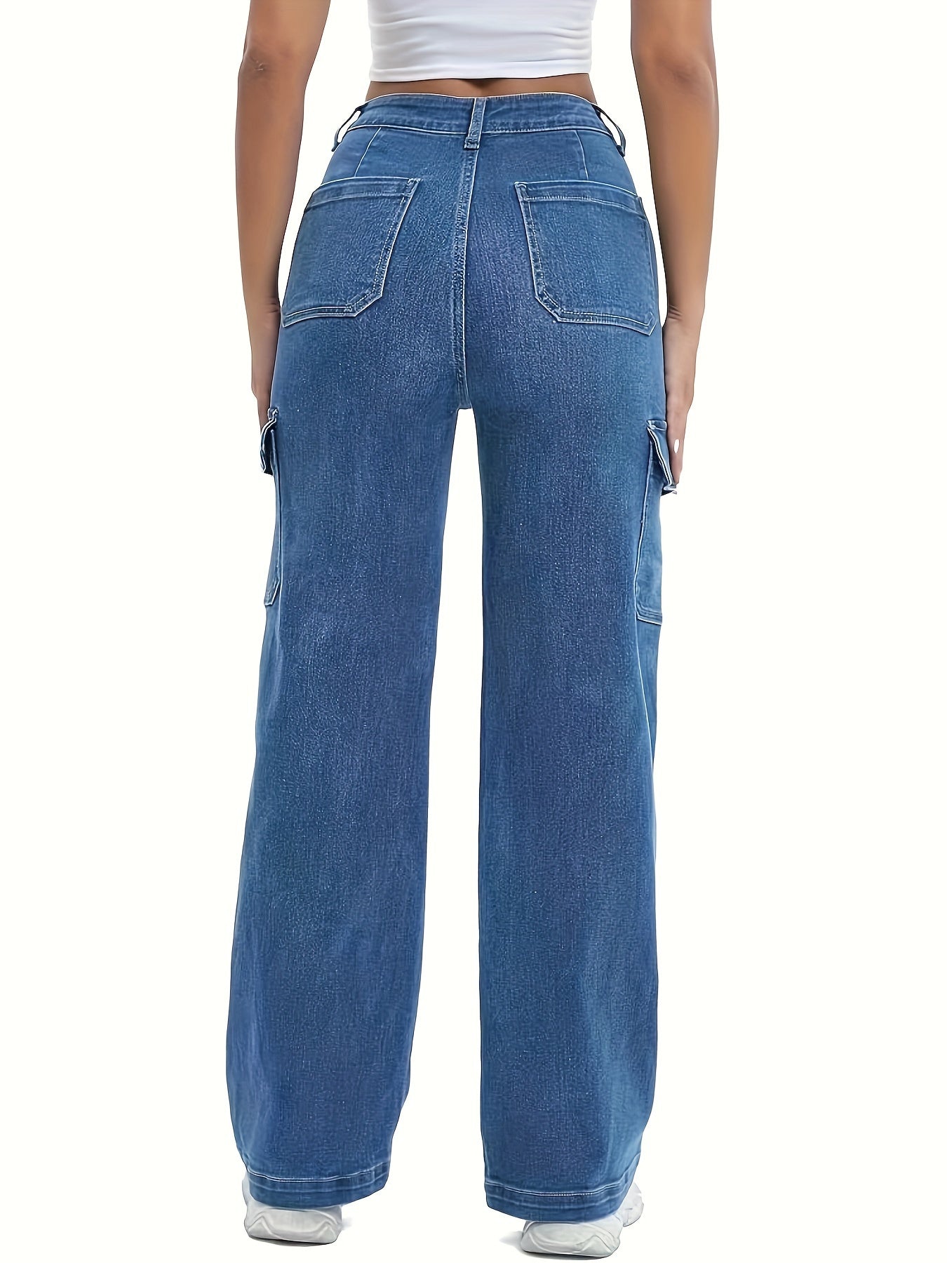 Pantalon cargo en jean taille haute pour femme – Jean décontracté à jambe large
