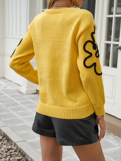 Pull Femme Élégant avec Broderie de Fleurs – Maille Douce à Col Rond