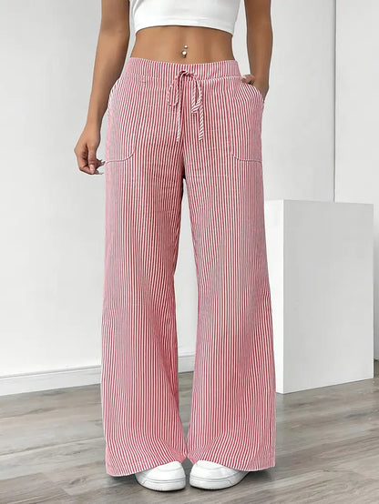 Pantalon large décontracté à rayures pour femme, élégant et décontracté – Pantalon d'été léger et respirant avec poches