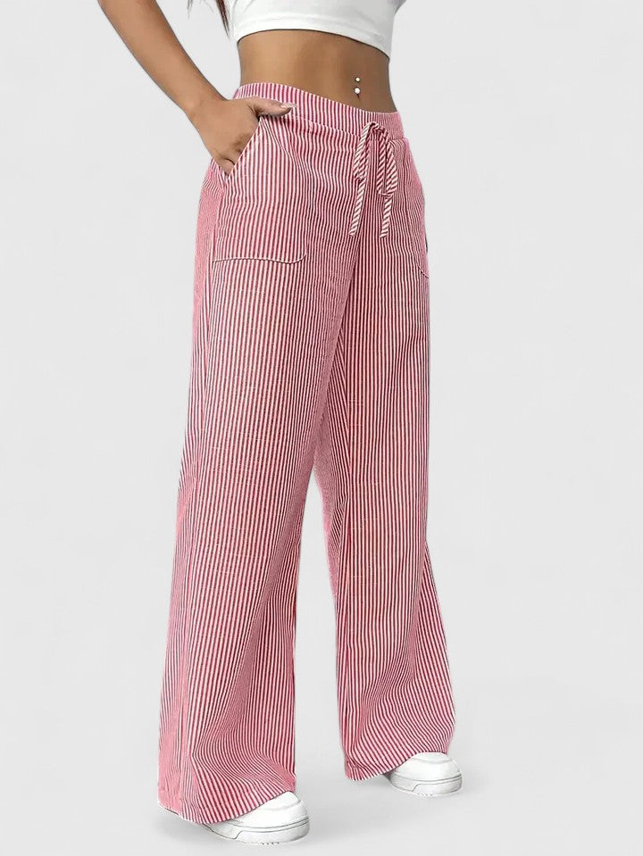 Pantalon Large Confortable Élégant Femme – Style Rayé avec Cordon