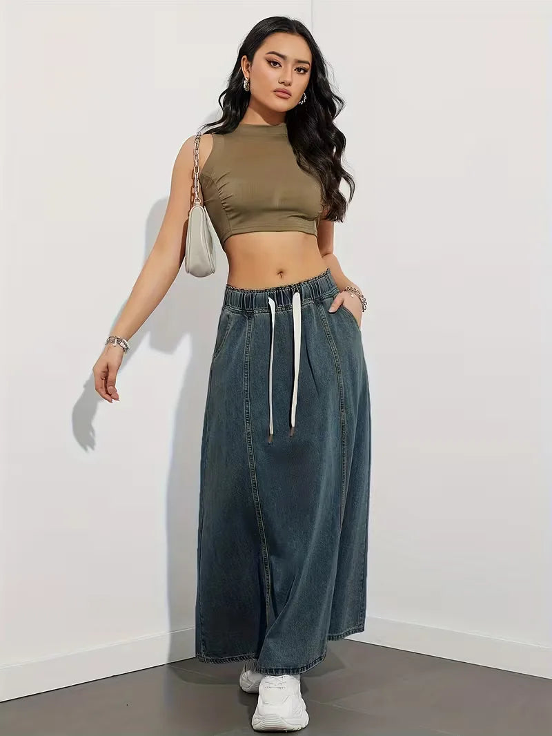 Women's maxi denim skirt with elastic waistband - Comfortable and practical