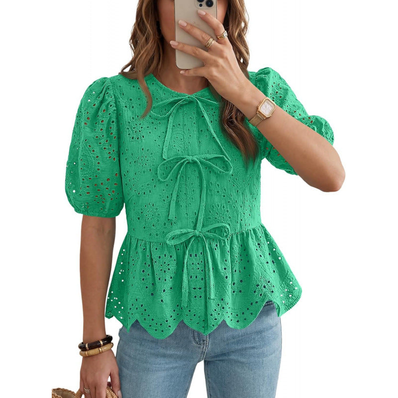 Top donna con volant e maniche a sbuffo con cintura - Elegante e femminile