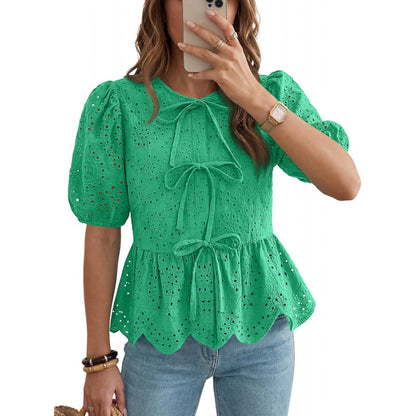 Top donna con volant e maniche a sbuffo con cintura - Elegante e femminile