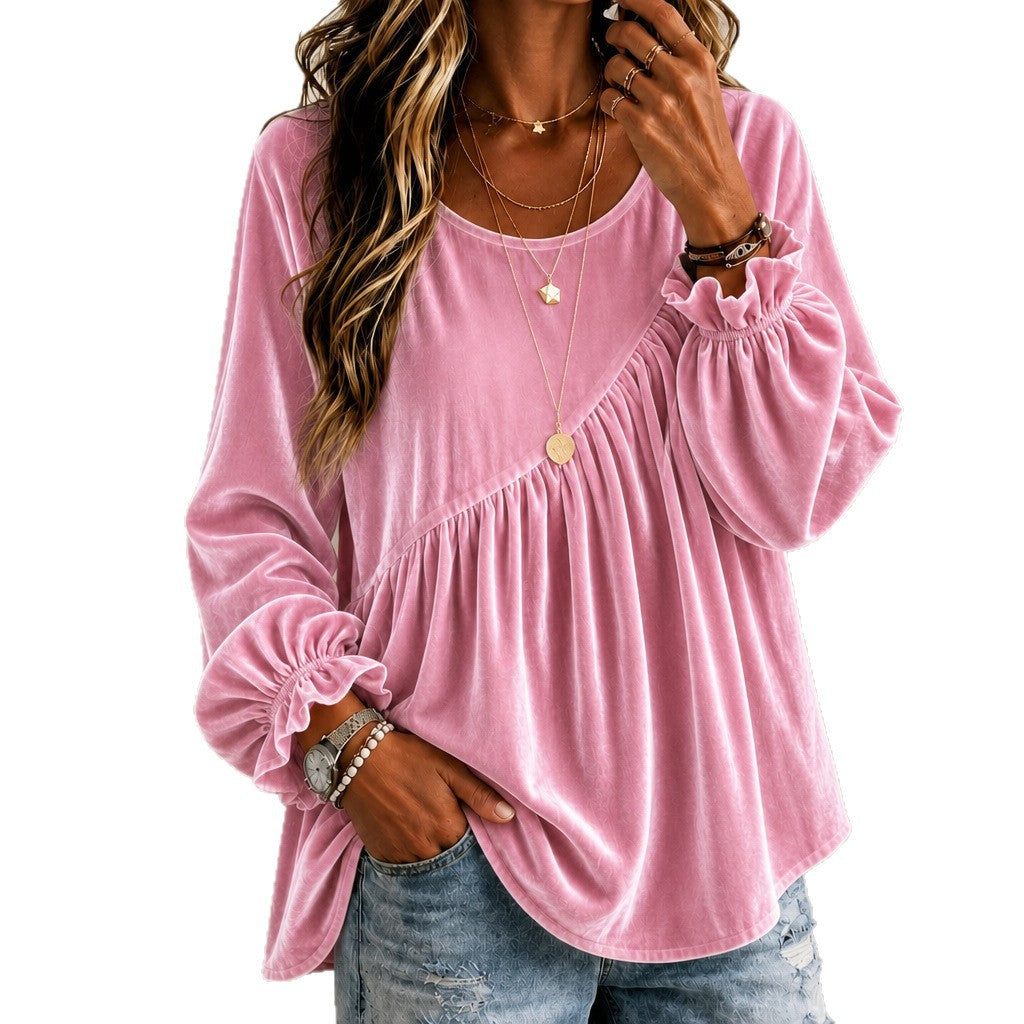 Top de mujer de terciopelo con cuello redondo y volantes – estilo elegante y corte holgado