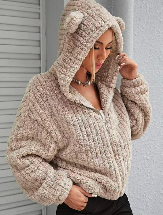 Cardigan peluche femme zippe a capuche - Chaud et cosy