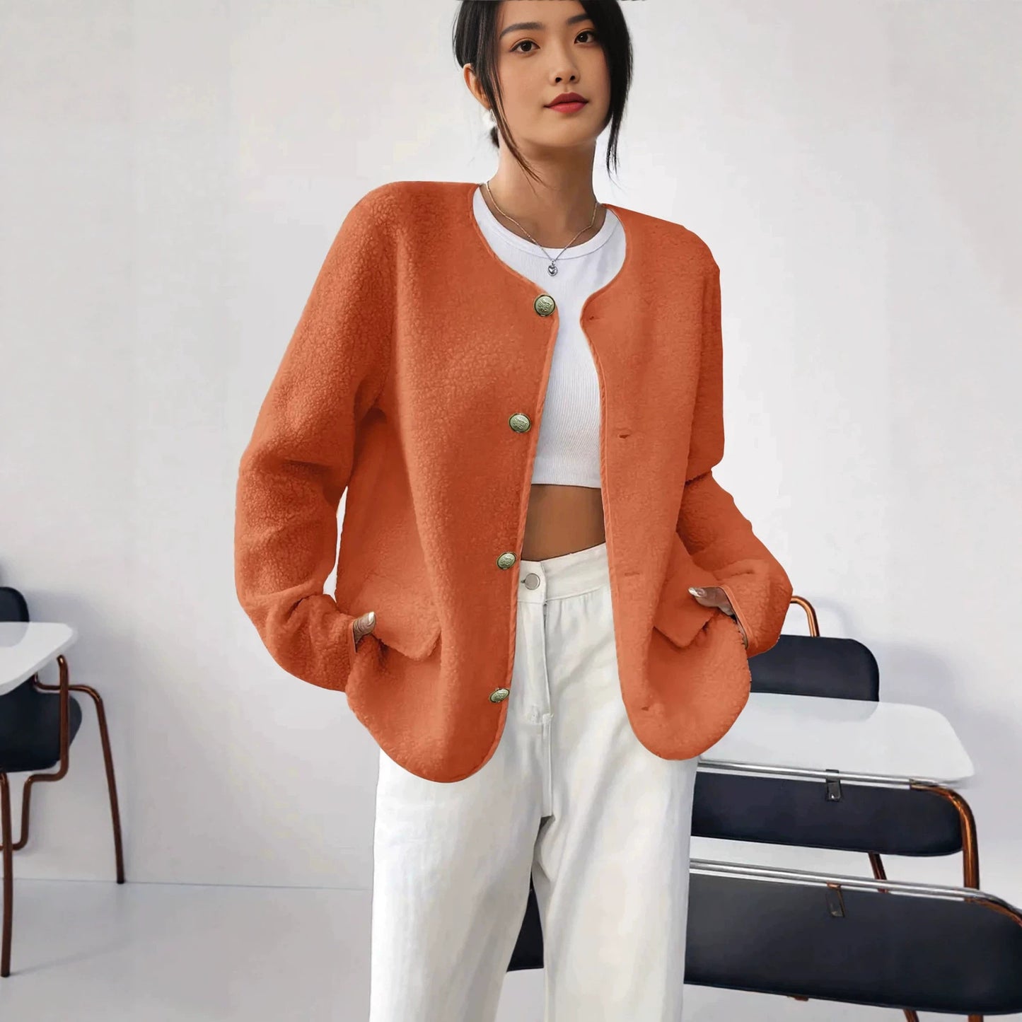 Cappotto in lana testurizzata da donna per taglie forti, ispirato a Chanel – Stile classico ed elegante