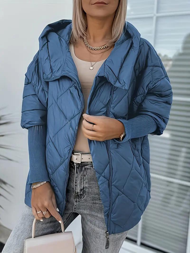 Women’s Hooded Puffer Jacket with Zip Closure – Chic and Warm Patchwork Style for Winter