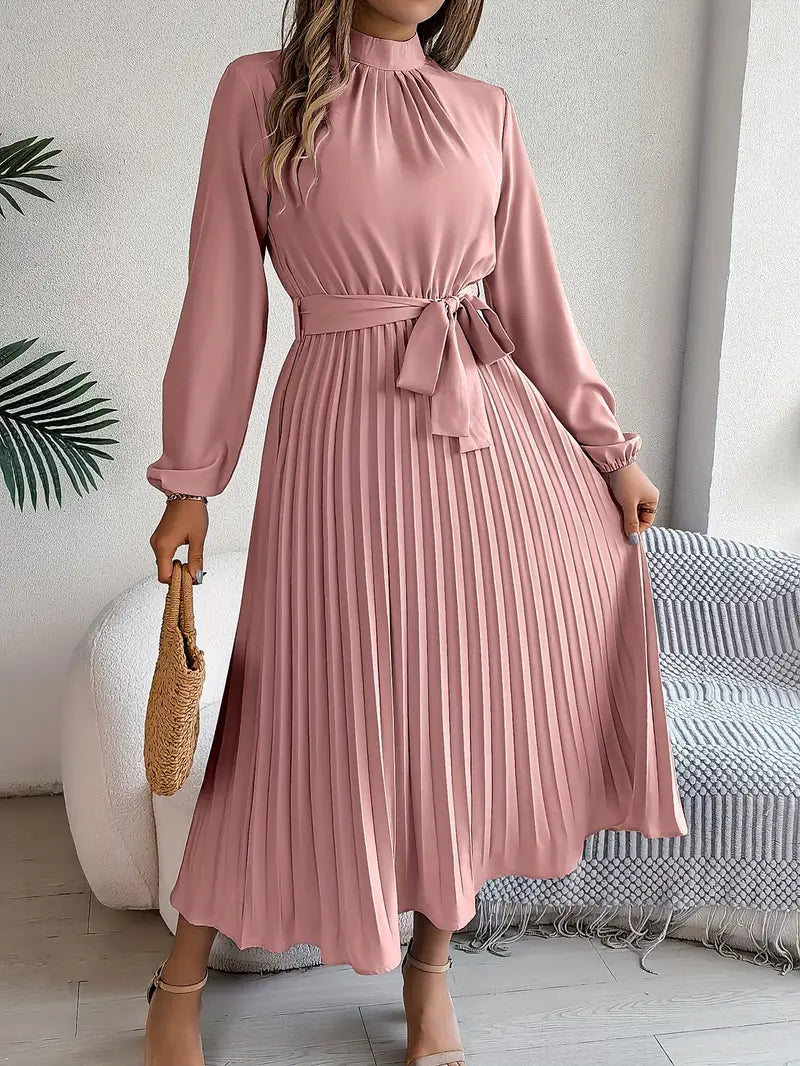 Robe Midi Femme Élégante Plissée Ceinturée – Manches Longues Style A-Line