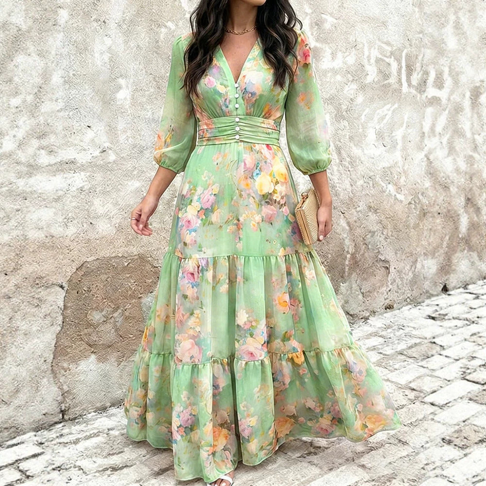 Vestido de mujer con volantes superpuestos y mangas tres cuartos - Elegante y favorecedor
