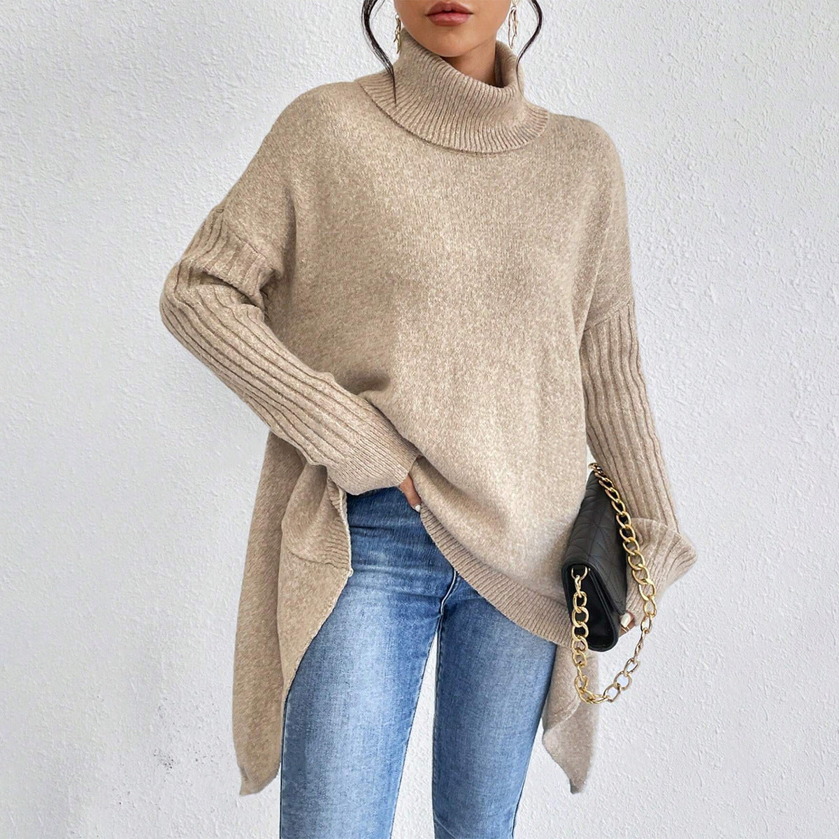 Pull Col Roulé Irrégulier pour Femmes – Pull Tricoté Ample à Manches Longues