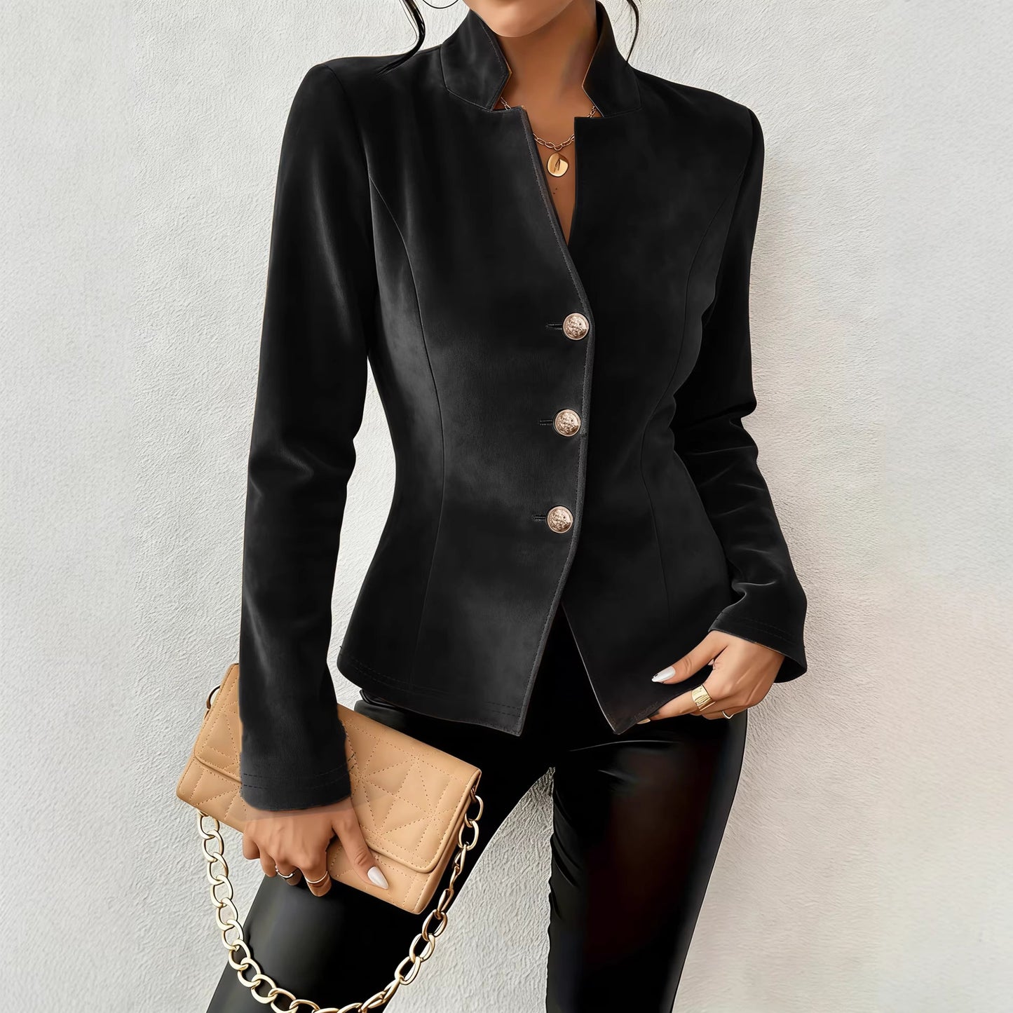 Blazer femme effet suedine a col V et trois boutons