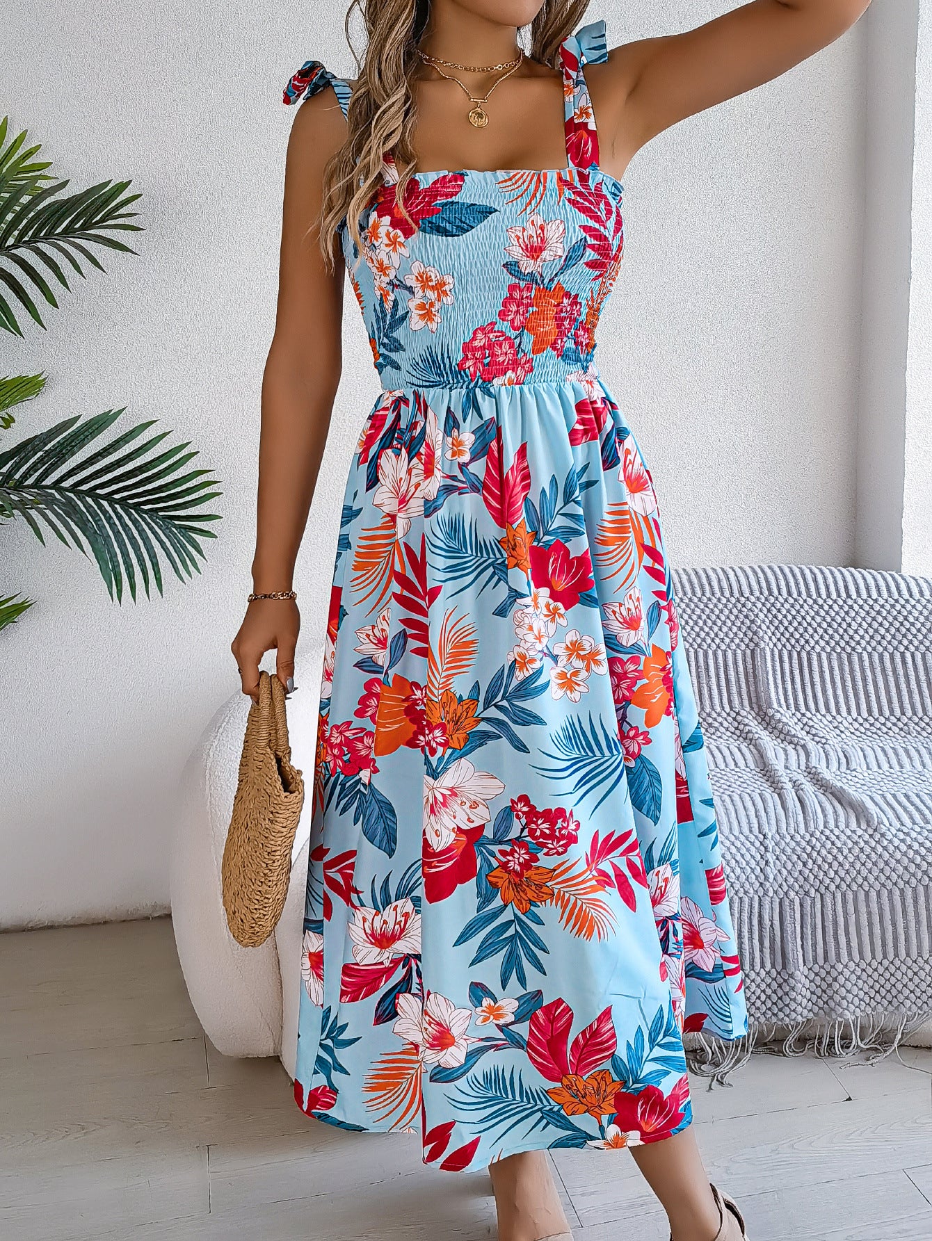 Robe Midi Corset Fleurie Femme – Tenue d’Été Élégante pour Vacances à la Plage