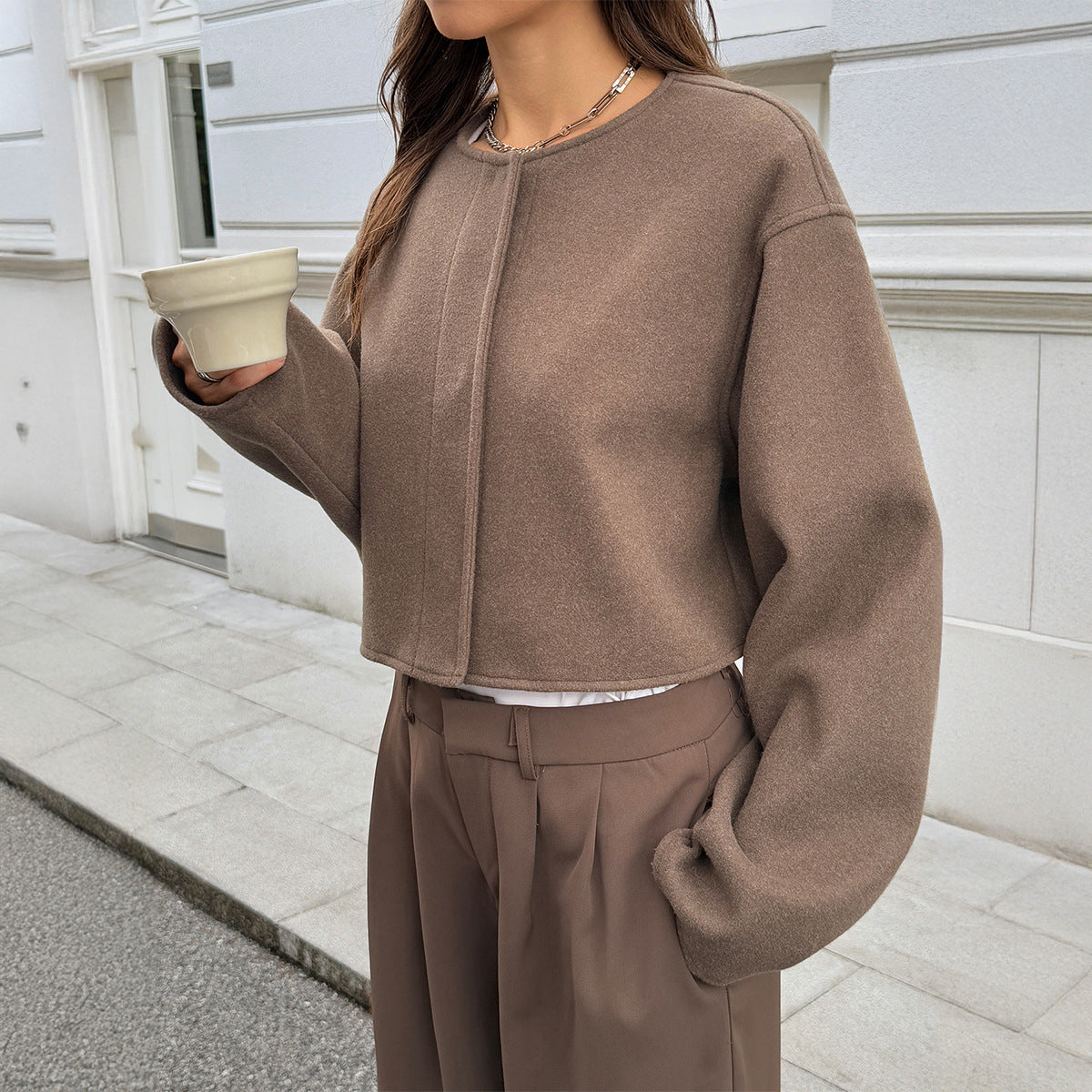 Veste courte premium en mélange de laine pour femme – Pea coat à manches longues