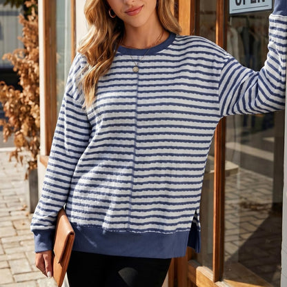 Striped women's sweater with side slits - Casual and soft