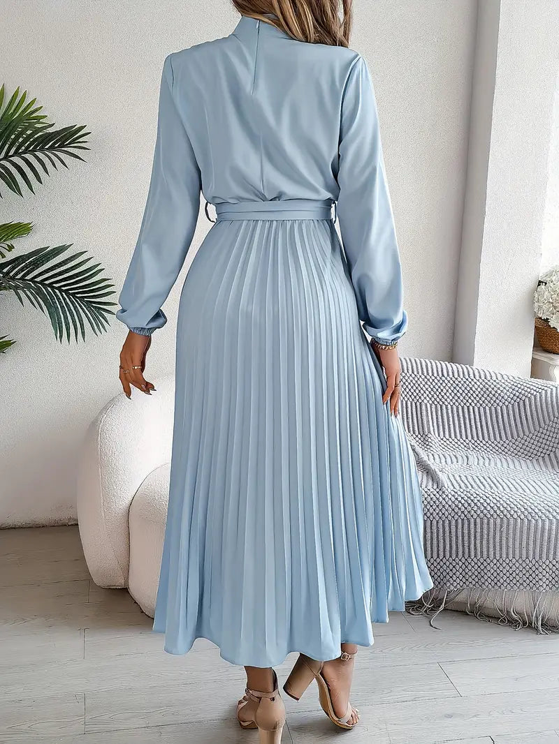 Robe Midi Femme Élégante Plissée Ceinturée – Manches Longues Style A-Line