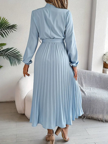 Robe Midi Femme Élégante Plissée Ceinturée – Manches Longues Style A-Line