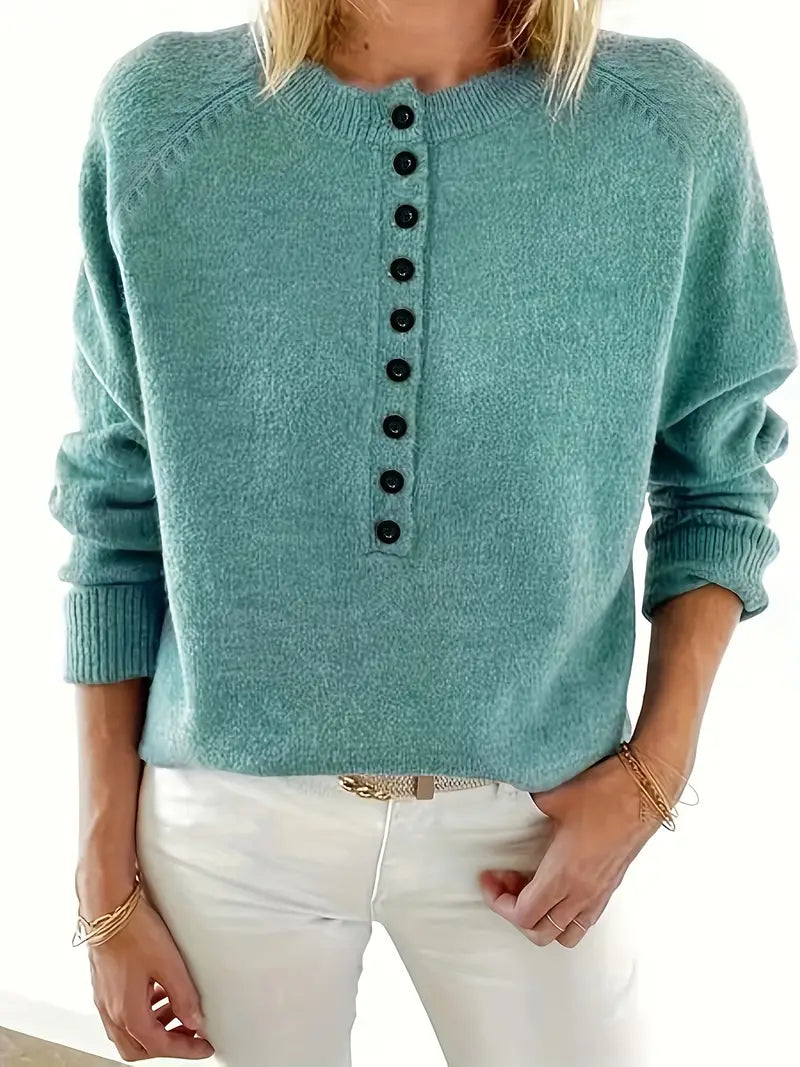 Women's crew-neck sweater with buttons - Elegant and comfortable