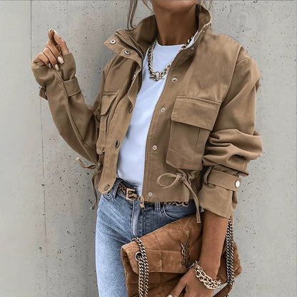 Women’s Biker Jacket with Mandarin Collar and Long Sleeves – Chic, Casual Vintage Style