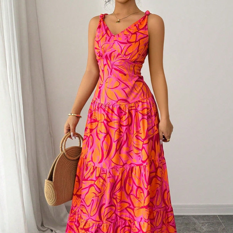 Robe longue d’été femme – Sans manches avec imprimé tropical