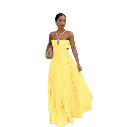 Vestido plisado sin mangas para mujer, de talle alto y espalda descubierta