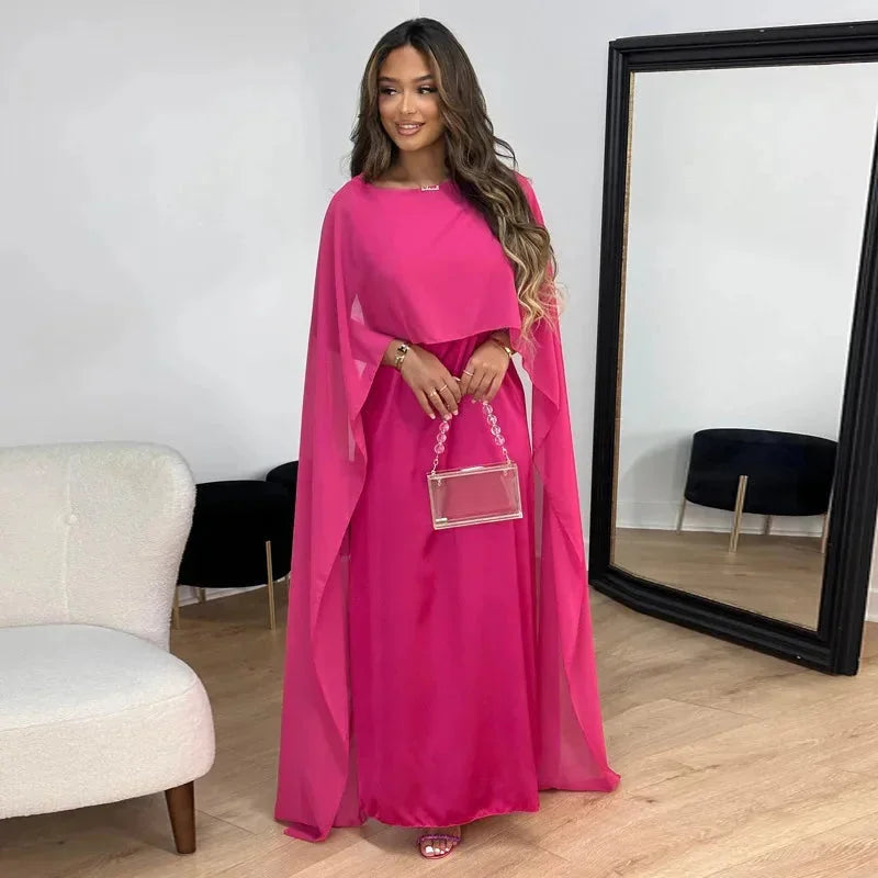 Robe Maxi Cape Invitée de Mariage Femme – Robe de Soirée Élégante en Satin Uni