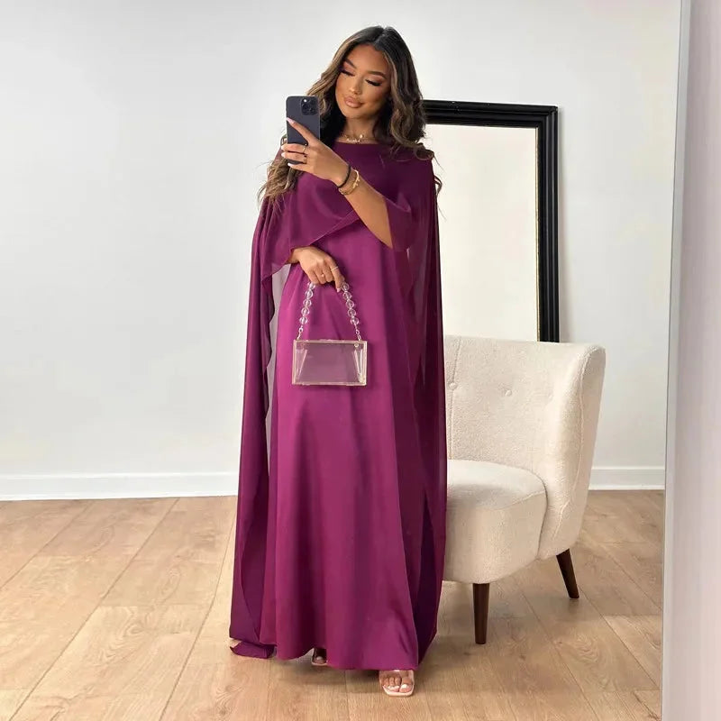 Robe Maxi Cape Invitée de Mariage Femme – Robe de Soirée Élégante en Satin Uni