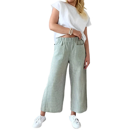 Pantalon en Coton Rayé Coupe Décontractée pour Femme – Pantalon Quotidien Décontracté