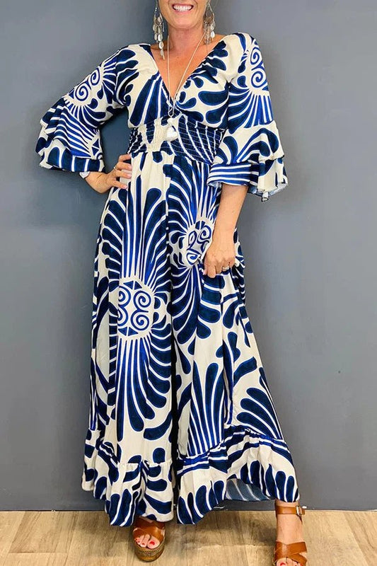 Combinaison Vintage Femme avec Imprimé Floral et Manches Volantes