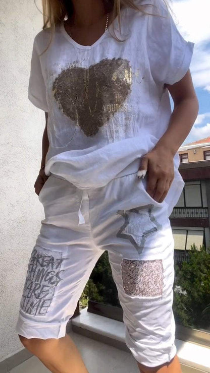 Ensemble Décontracté Deux Pièces à Décolleté en V avec Embossage Doré pour Femme