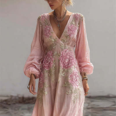 Robe Maxi Florale Rétro pour Femme – Coupe Ample Col en V Style Élégant