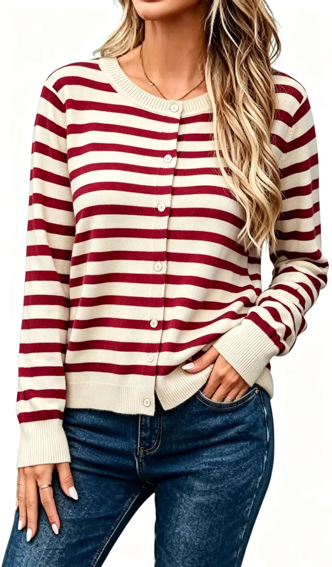 Cardigan da donna in maglia a righe con maniche lunghe – Vestibilità ampia, stile casual e confortevole