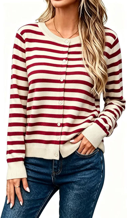 Cardigan da donna in maglia a righe con maniche lunghe – Vestibilità ampia, stile casual e confortevole