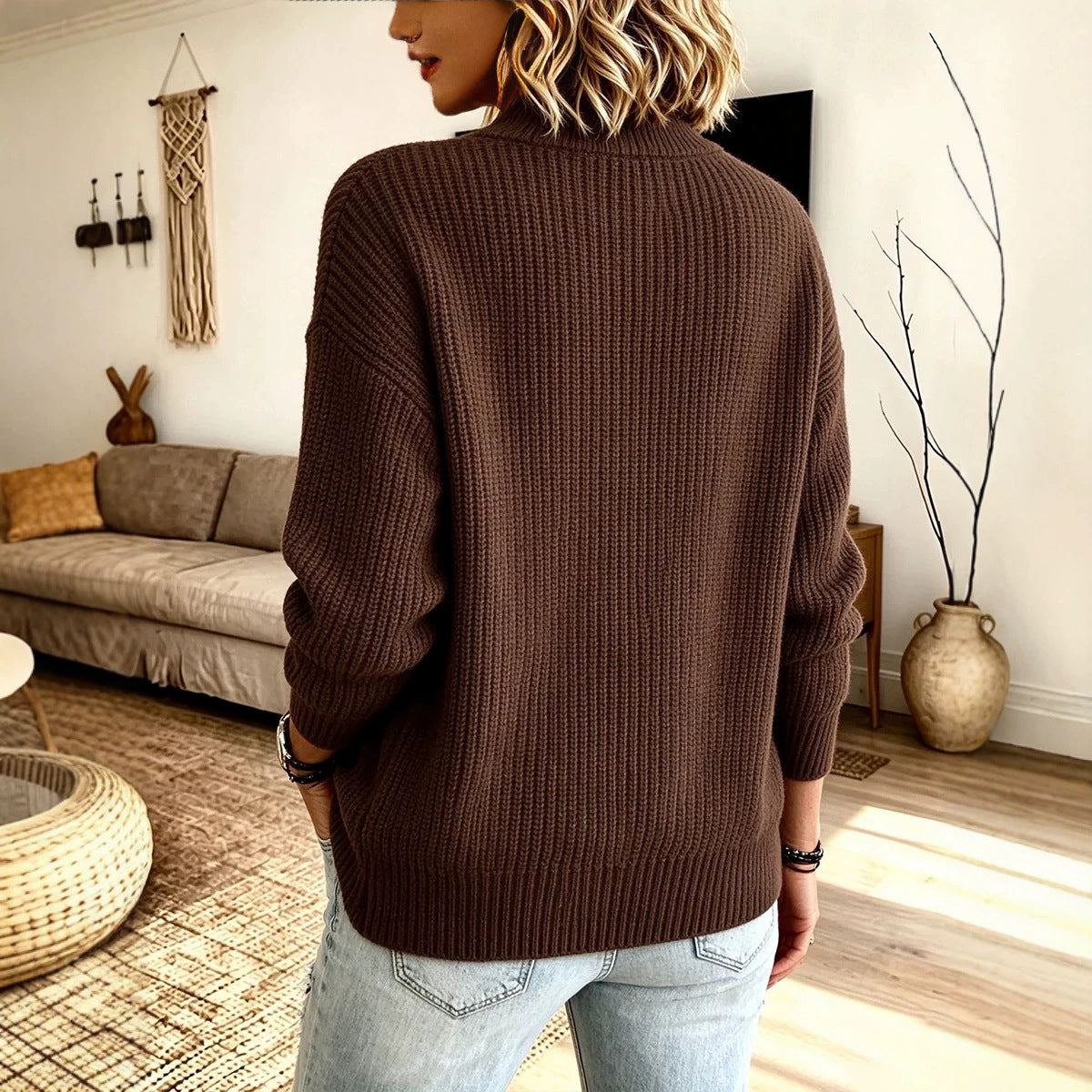 Pull femme côtelé à zip asymétrique – Moderne et confortable
