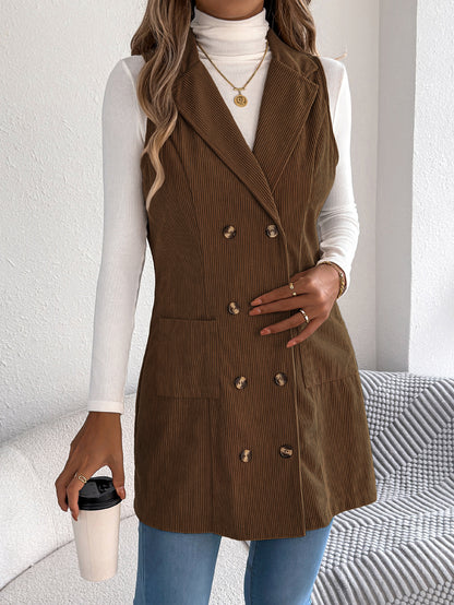 Veste-gilet longue en velours côtelé unie pour femme – Modèle décontracté à double boutonnage et poches, idéal pour jouer les superpositions