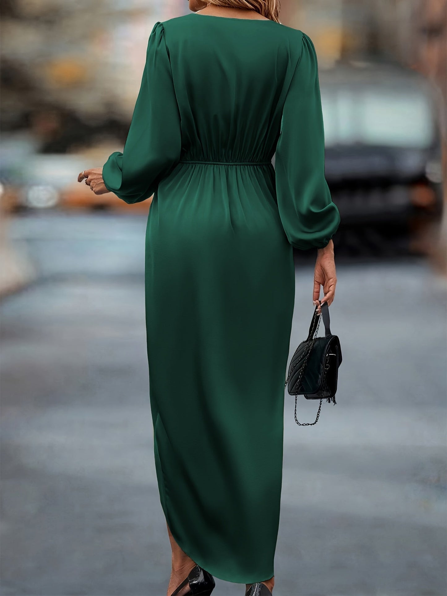 Robe élégante en satin à manches ballon et ourlet asymétrique pour femme – Robe de soirée fluide mi-longue flatteuse invitée