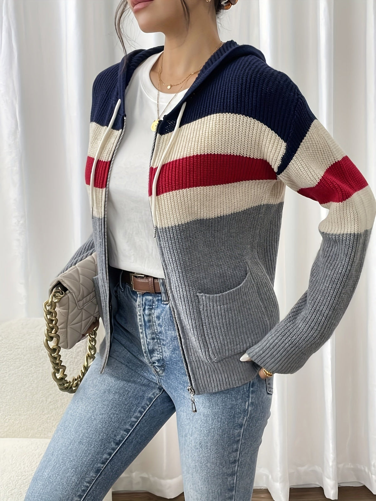 Women's zip-up color-block hooded cardigan - Comfortable and modern