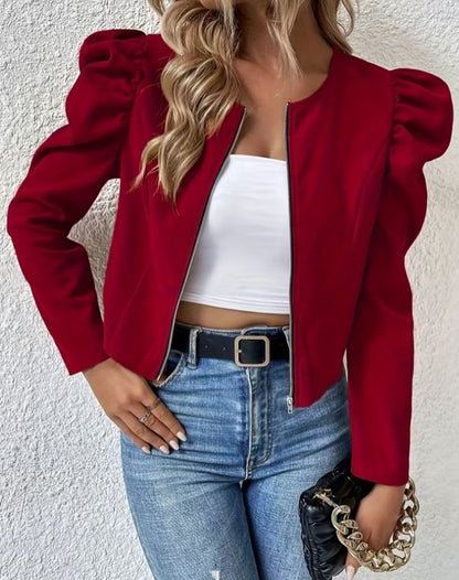 Cardigan da donna - Scollo rotondo, chiusura con cerniera e maniche a sbuffo