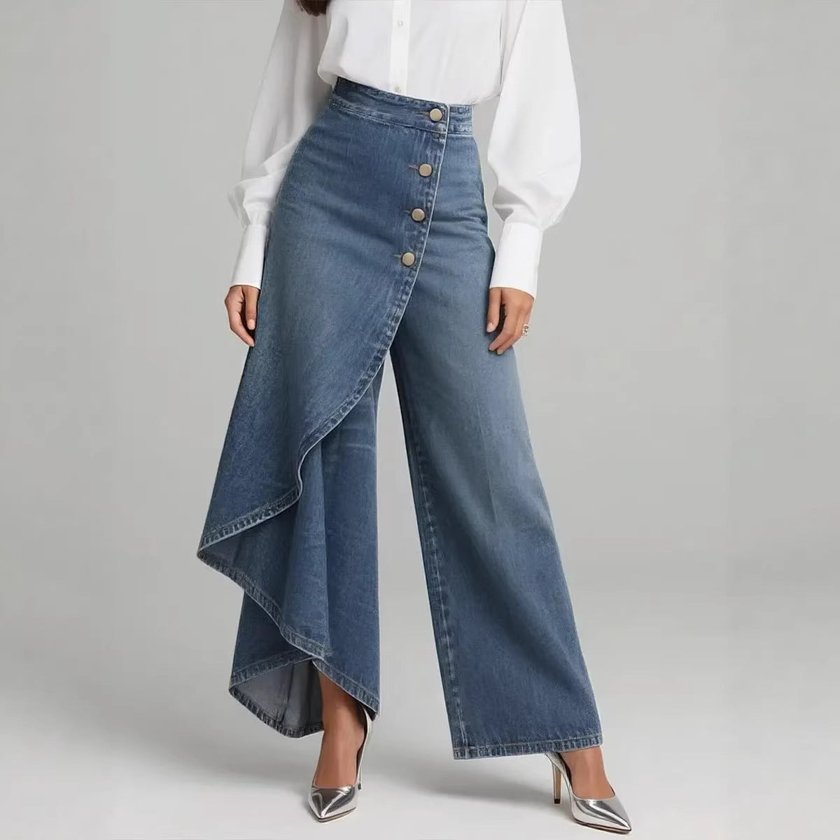 Pantalon faux jean droit unique pour femmes – Pantalon mode avec boutons à volants
