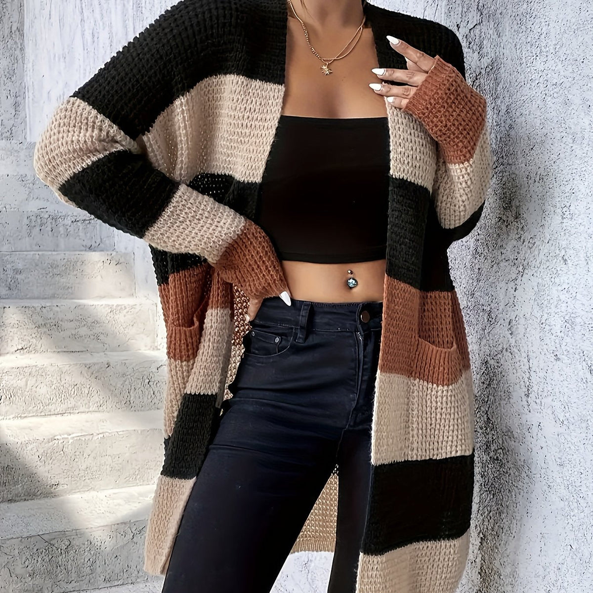 Women's long color-block cardigan - Modern and comfortable