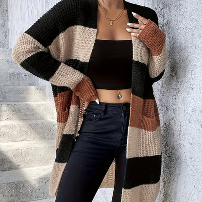 Women's long color-block cardigan - Modern and comfortable